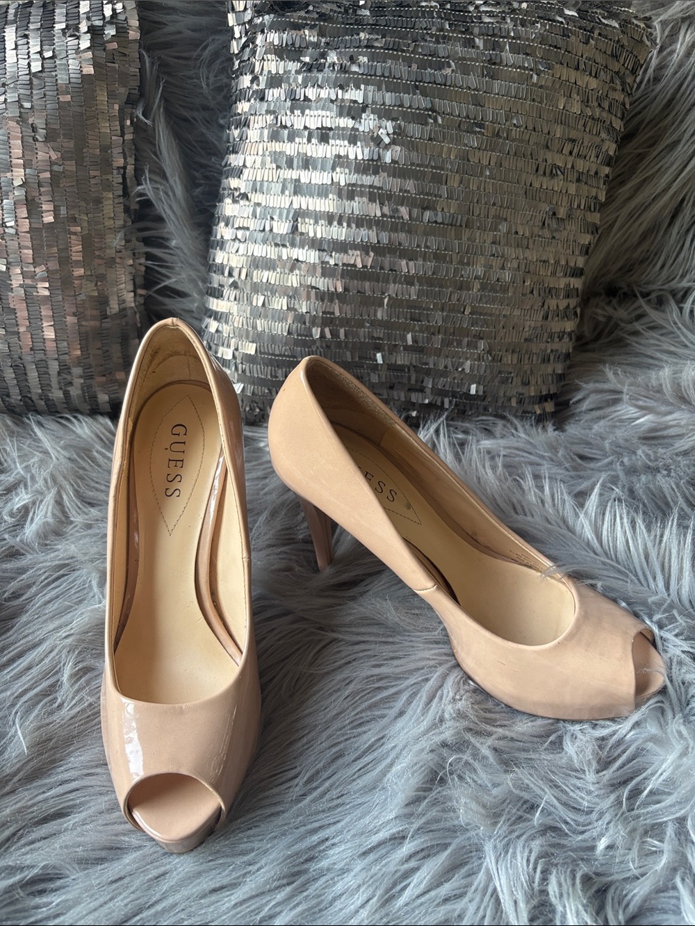 GUESS Blush Patent Peep-Toe High Heels